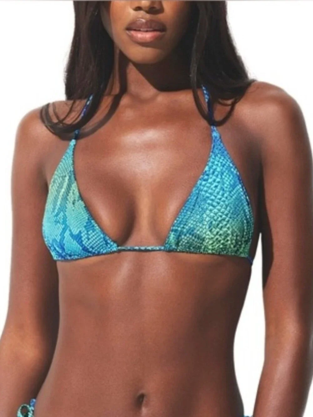 SKIMS NWT Signature Swim Triangle Top AND Thong SET Size SMALL Tide Blue & Snake